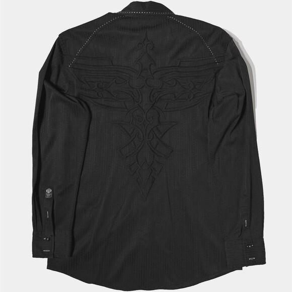Roar Black Embroidered Contrast Stitching Stretchy Button Up Shirt Men's Size M - Picture 1 of 11